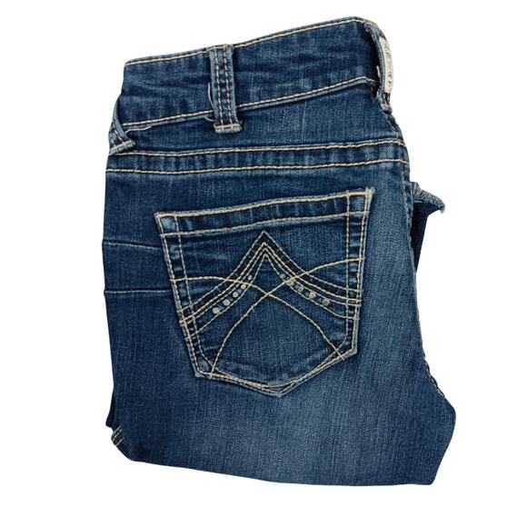 Ariat Real Jeans Womens 28L 28X33 Blue Whiskered Boot Flare Embroidered Western - Picture 1 of 15